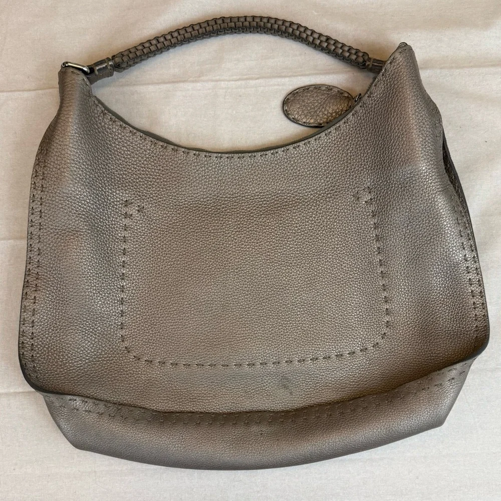 Fendi‎ Pewter Selleria Textured Leather Hobo Women's Bag Metallic Silver